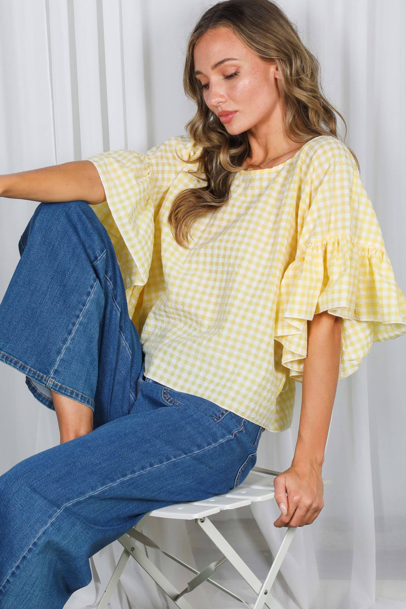 Wild Ruffle Embellished Sleeve Flowy Gingham Top