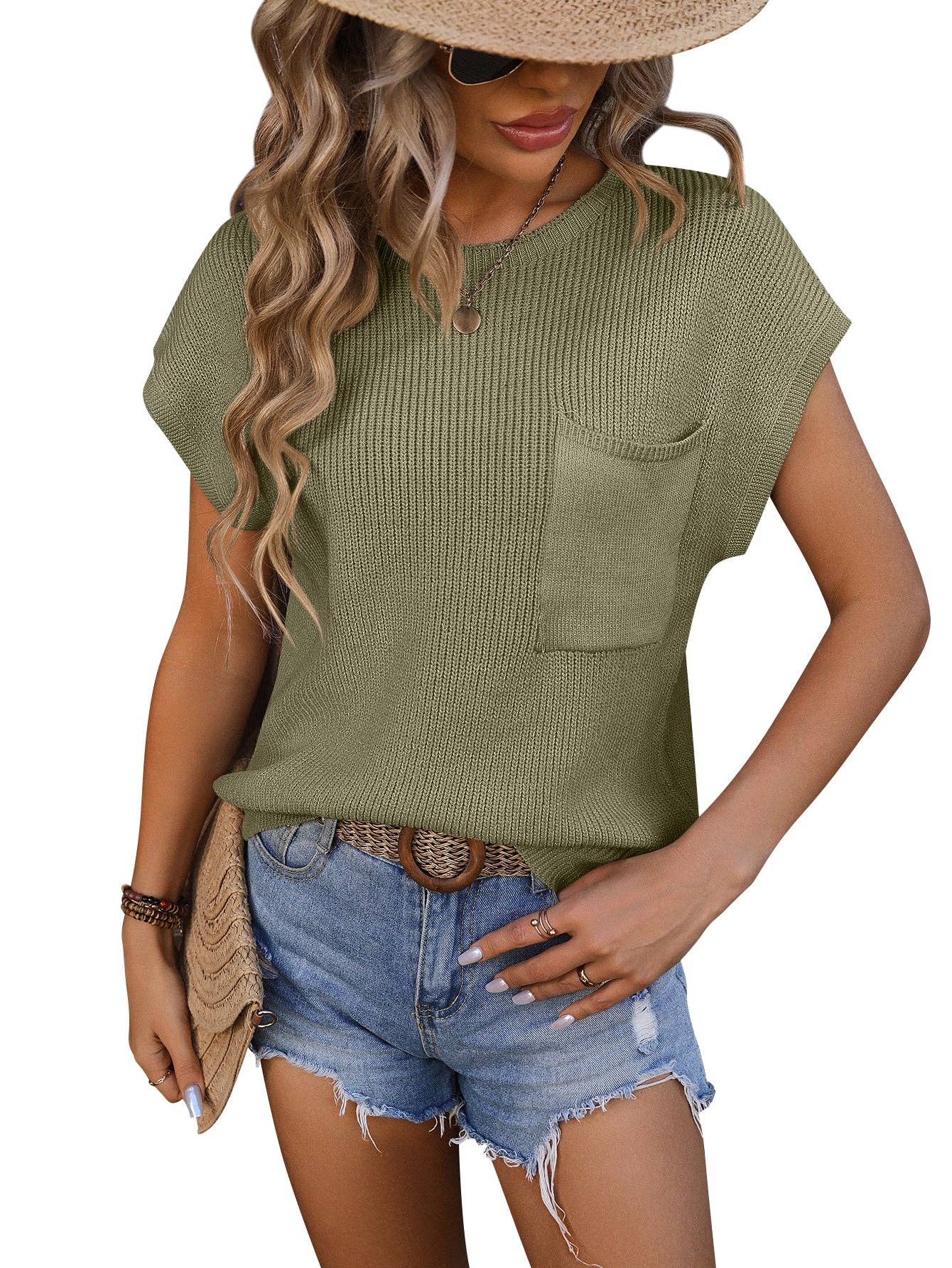 Crewneck Pocket Trim Top Short-sleeved