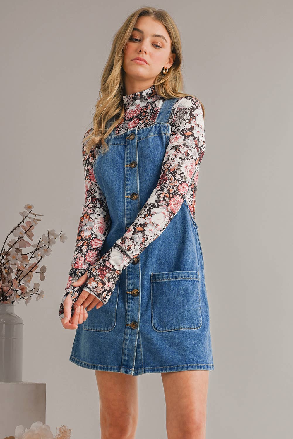 Grace Strap Button Front PocketS Denim Mini Dress