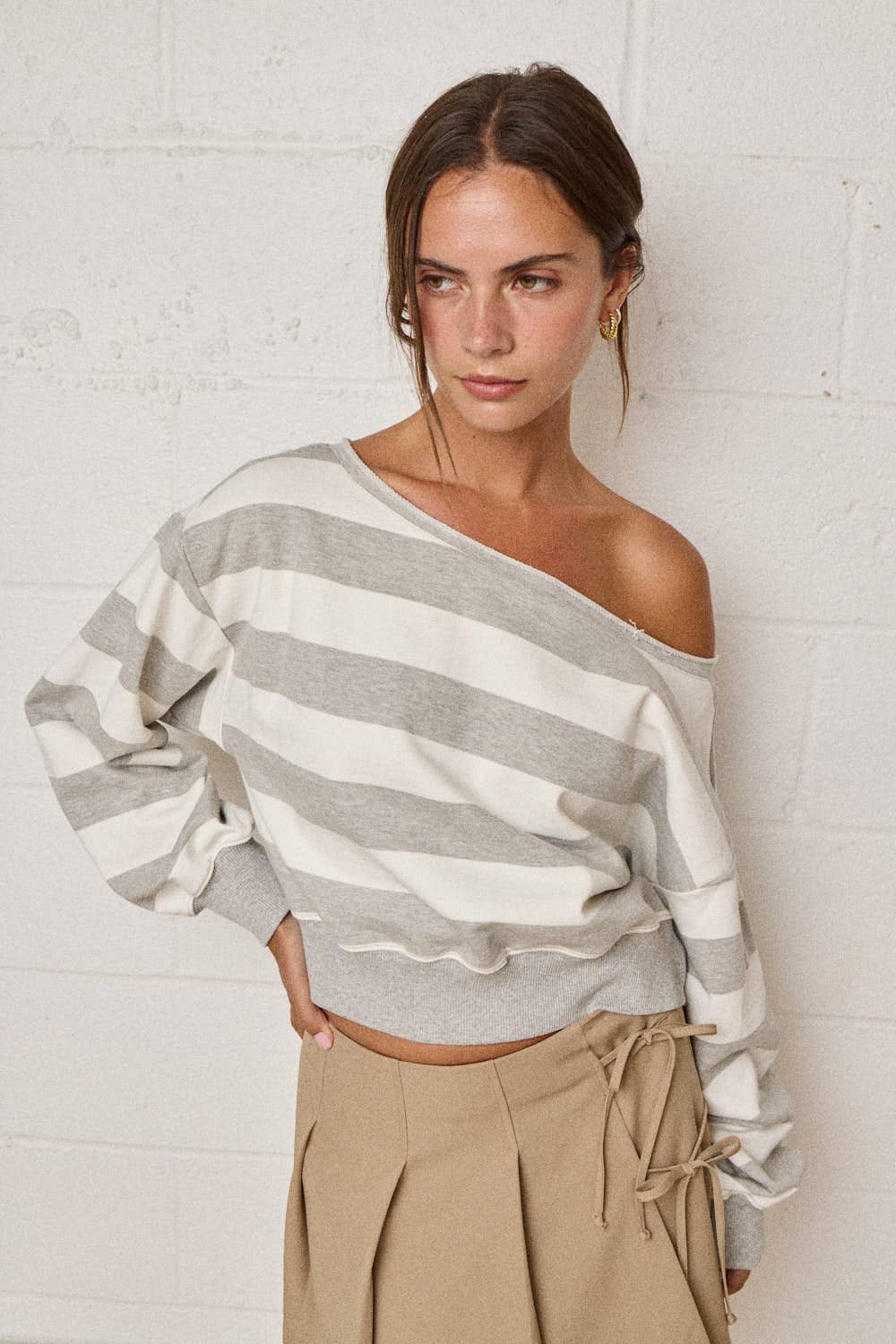 Off-shoulder Rugby Stripe Cropped Sweatshirt