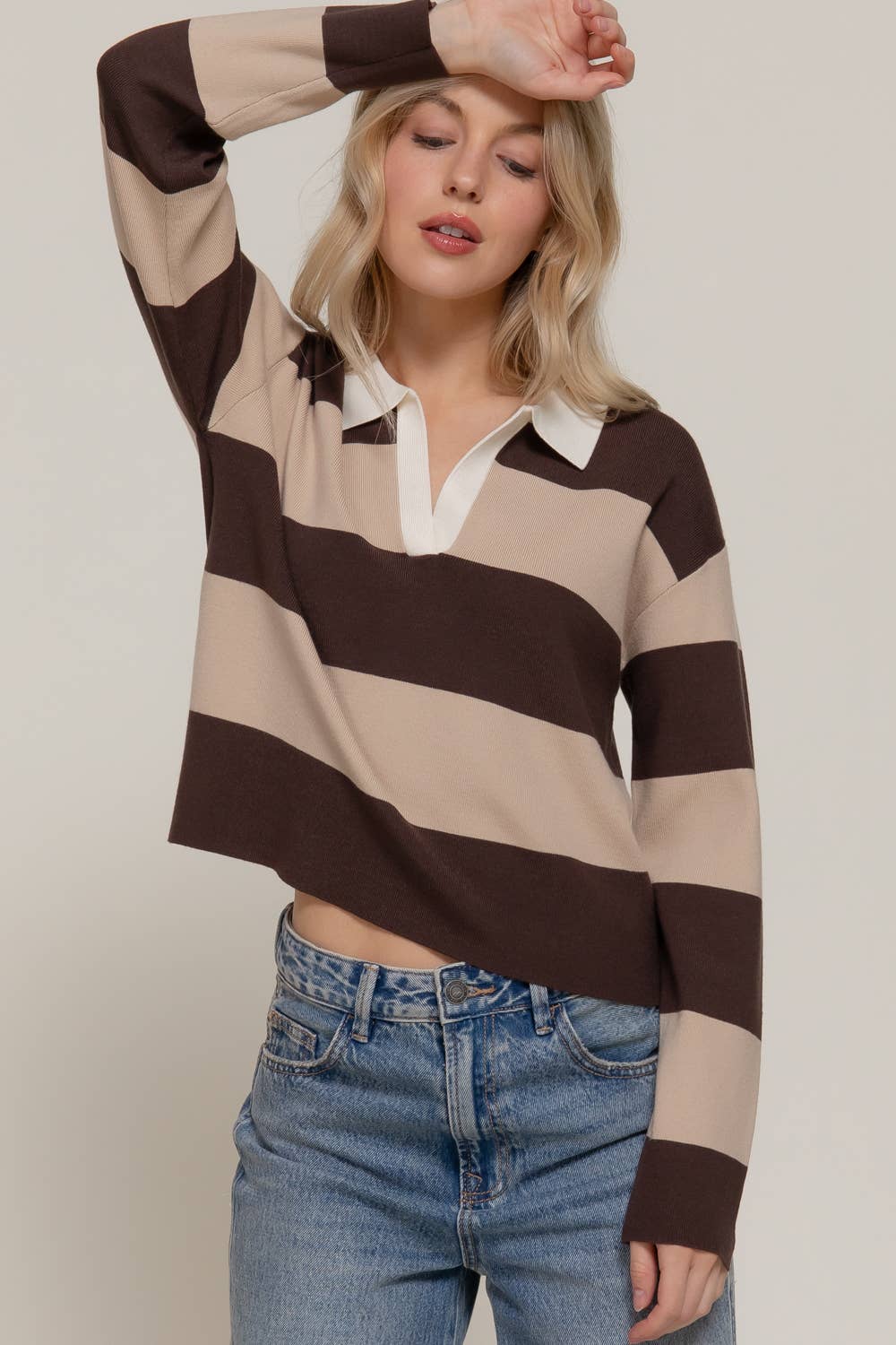 Long Sleeve Rugby Stripe Polo Swaeter