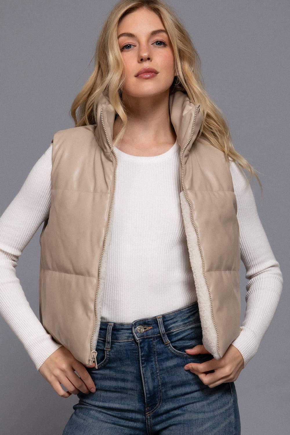 Reversible Faux Leather-Sherpa Contrast Padding Crop Vest