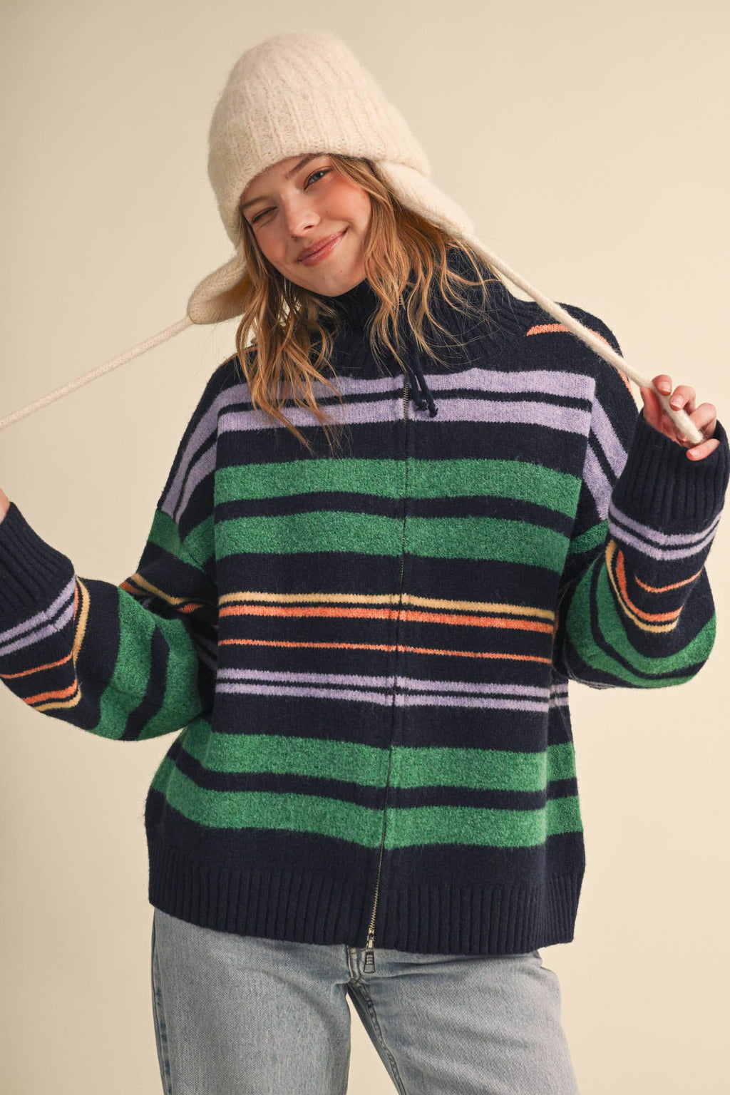 STRIPED MOCK NECK ZIP UP CARDIGAN