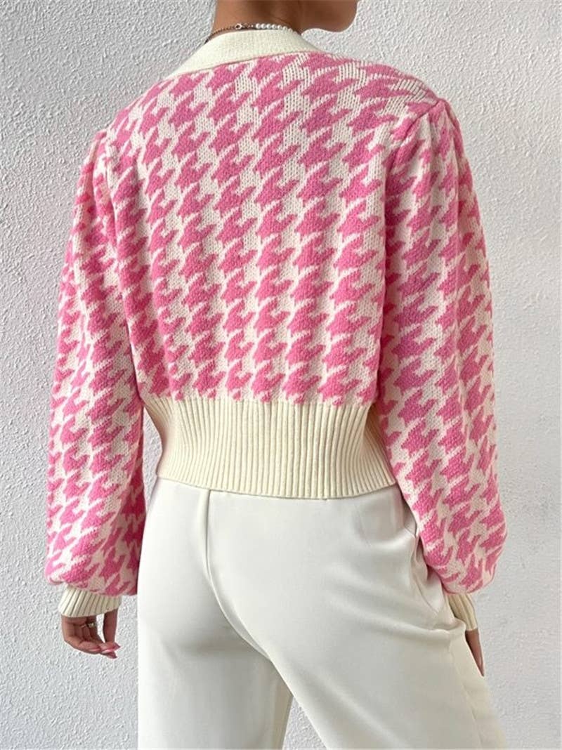 Houndstooth v-neck cropped knit Cardigan