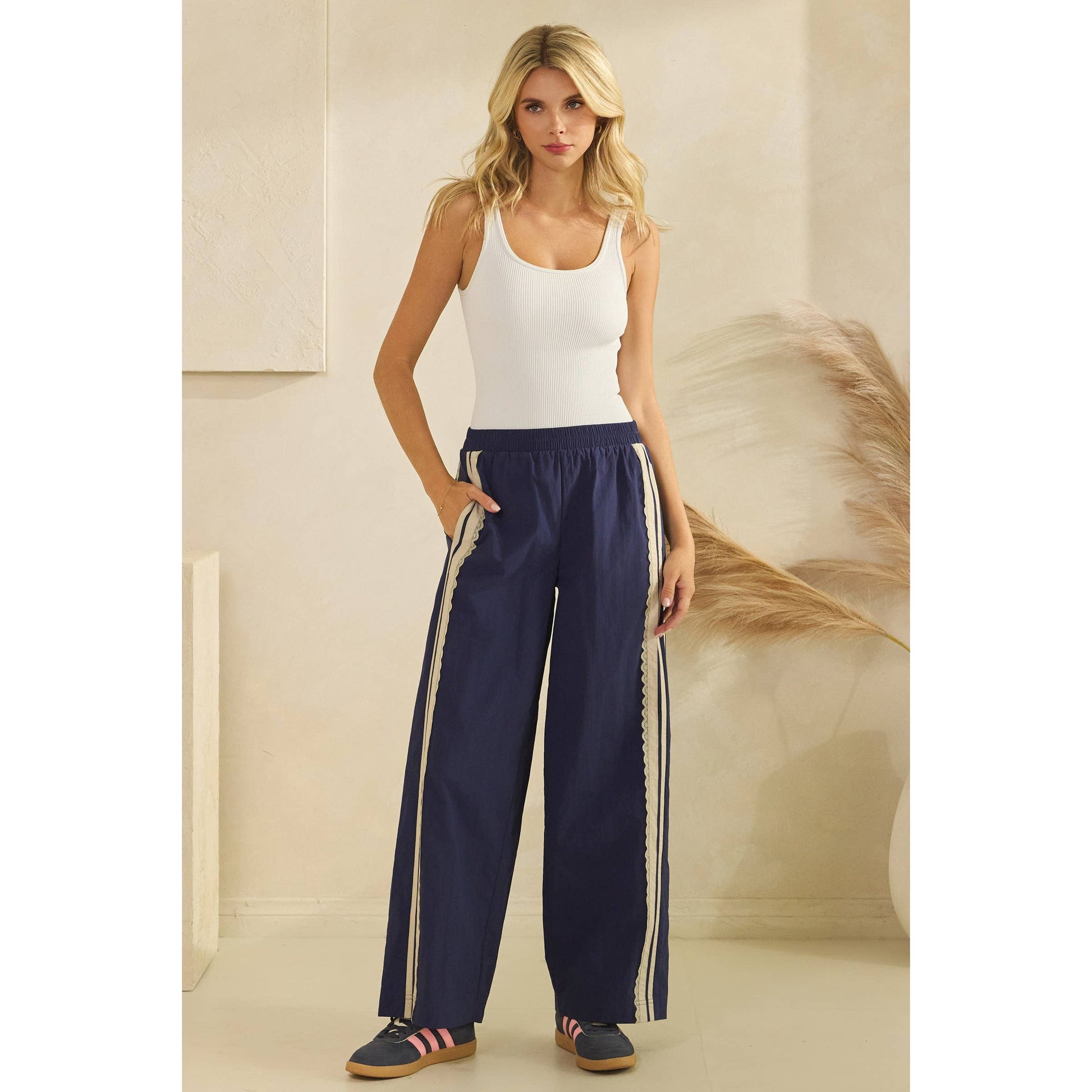Stripe Nylon Pants with Lace Details