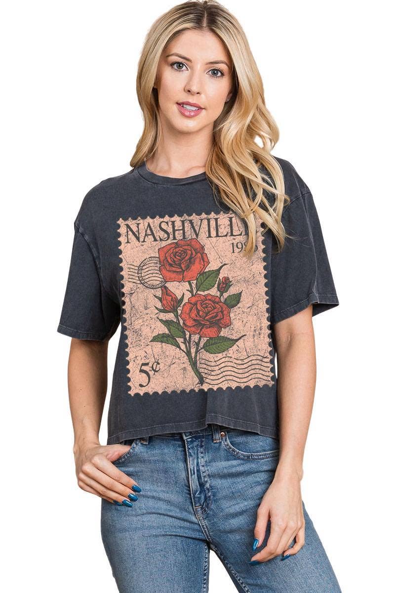 Nashville Postage Stamp Graphic S/S Washed Faux Crop Top