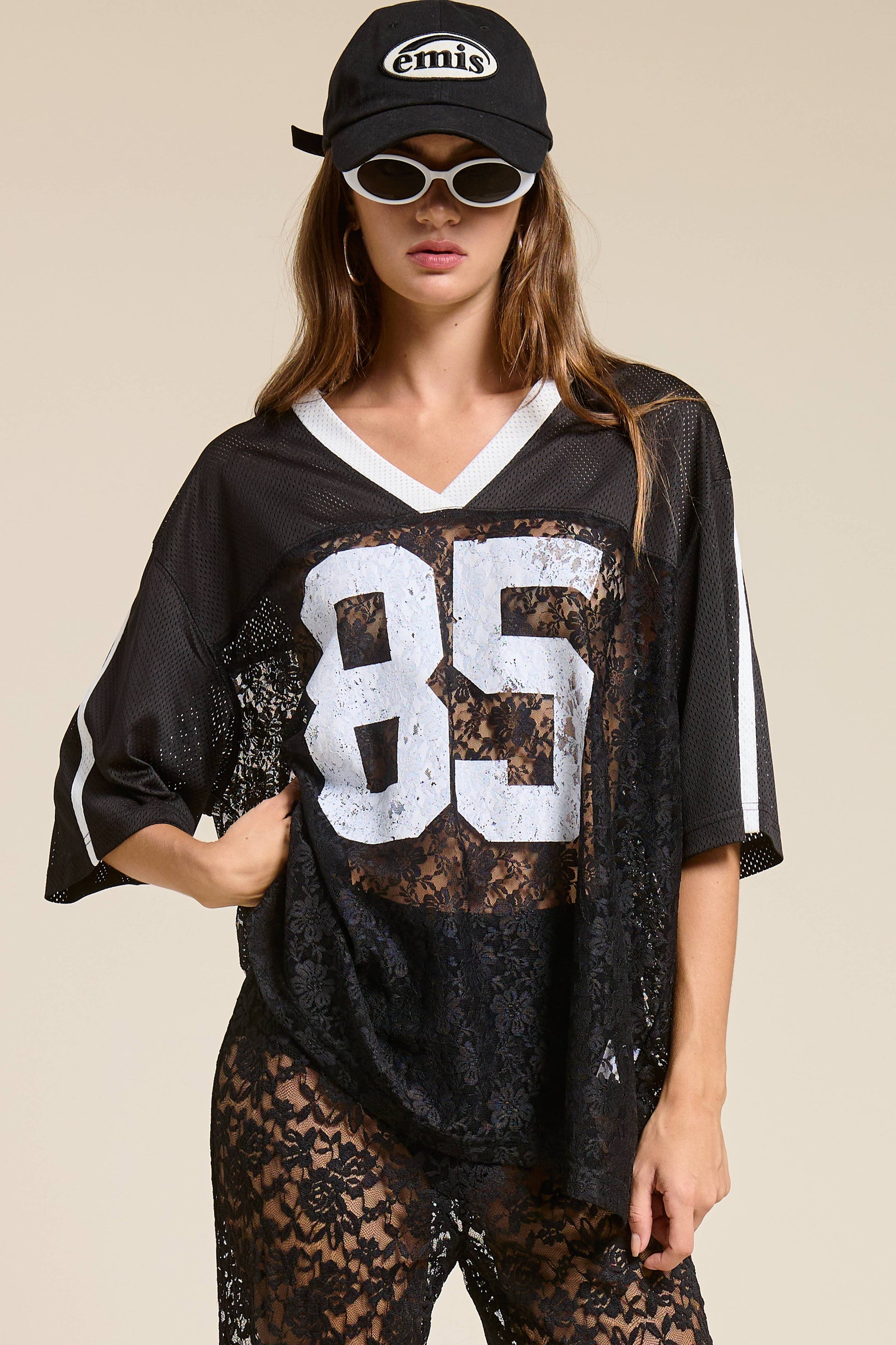 85 Graphic Jersey Top with Lace Contrast