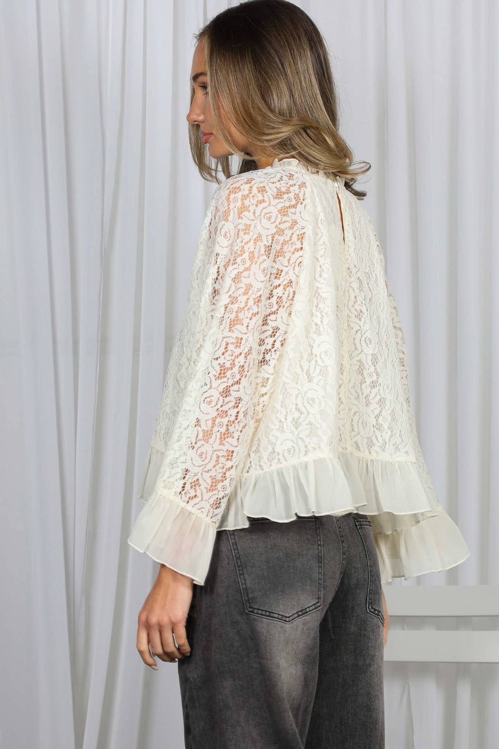 Ruffle Neck & Hem Bell Sleeve Loose Lace Blouse Top