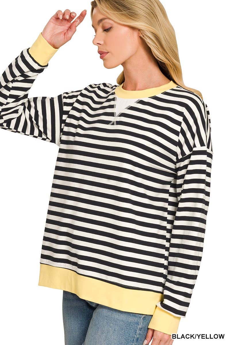 Striped Rib Banded Long Sleeve Pullover