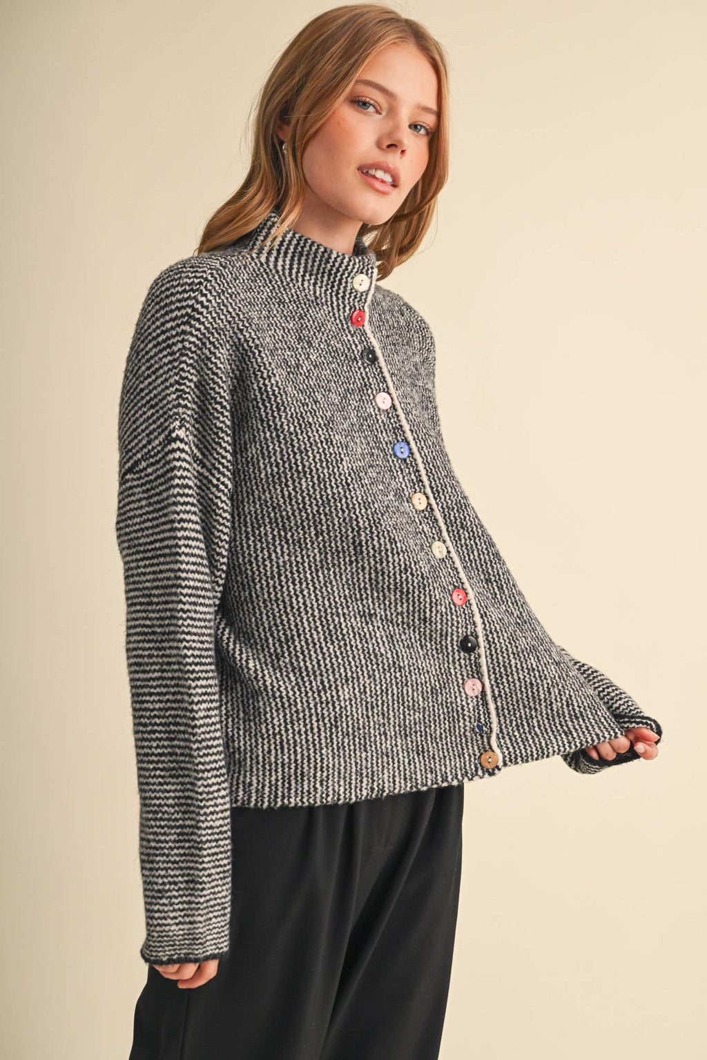 STRIPED SWEATER CARDIGAN WITH COLORFUL BUTTONS