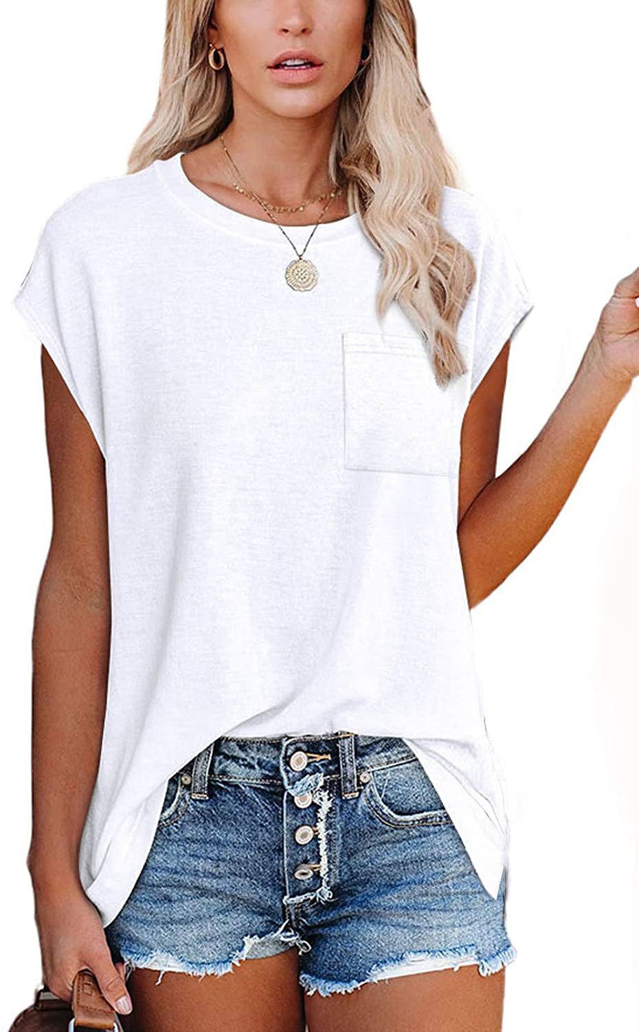Short Cap Sleeve Shirts Solid Loose Fit Tops