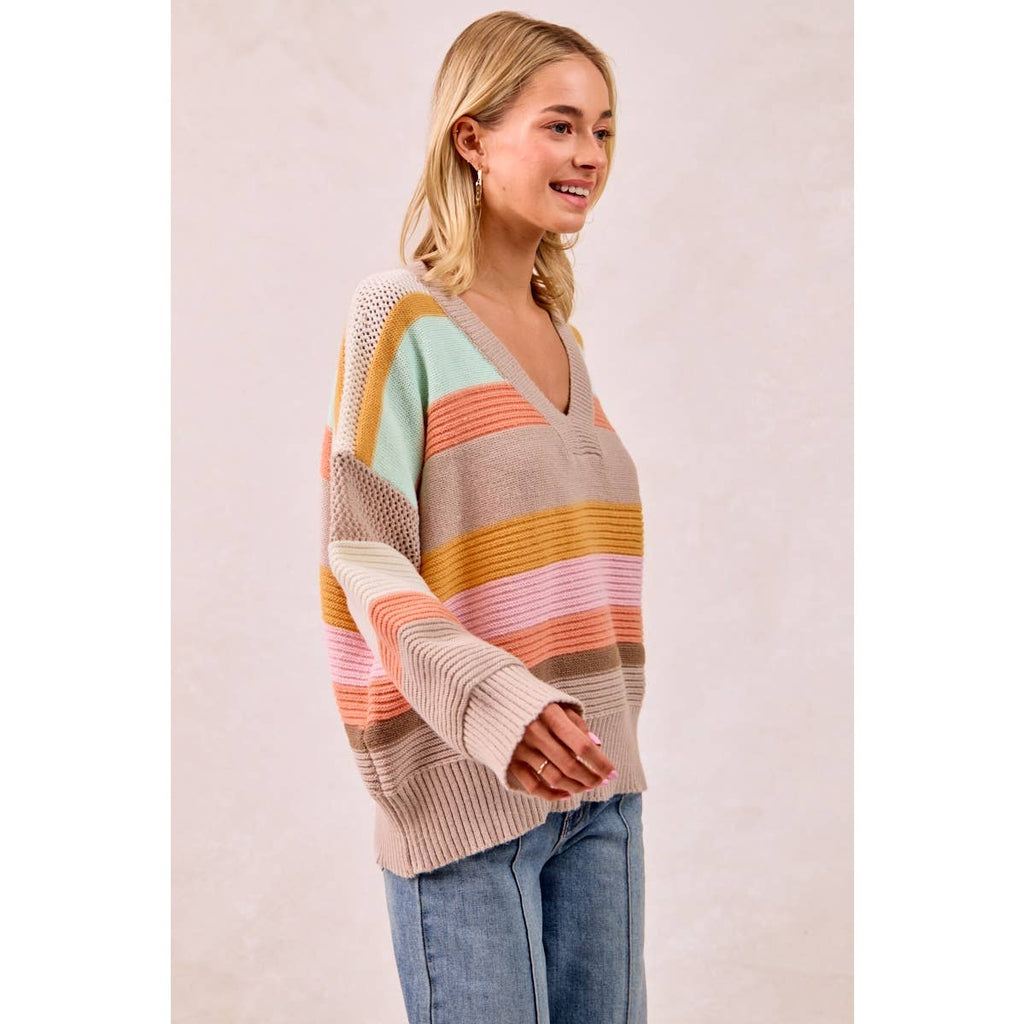 MULTI COLORS STRIPES RIB BANDED V-NECK SWEATER TOP