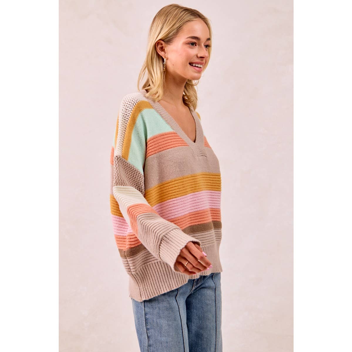 MULTI COLORS STRIPES RIB BANDED V-NECK SWEATER TOP