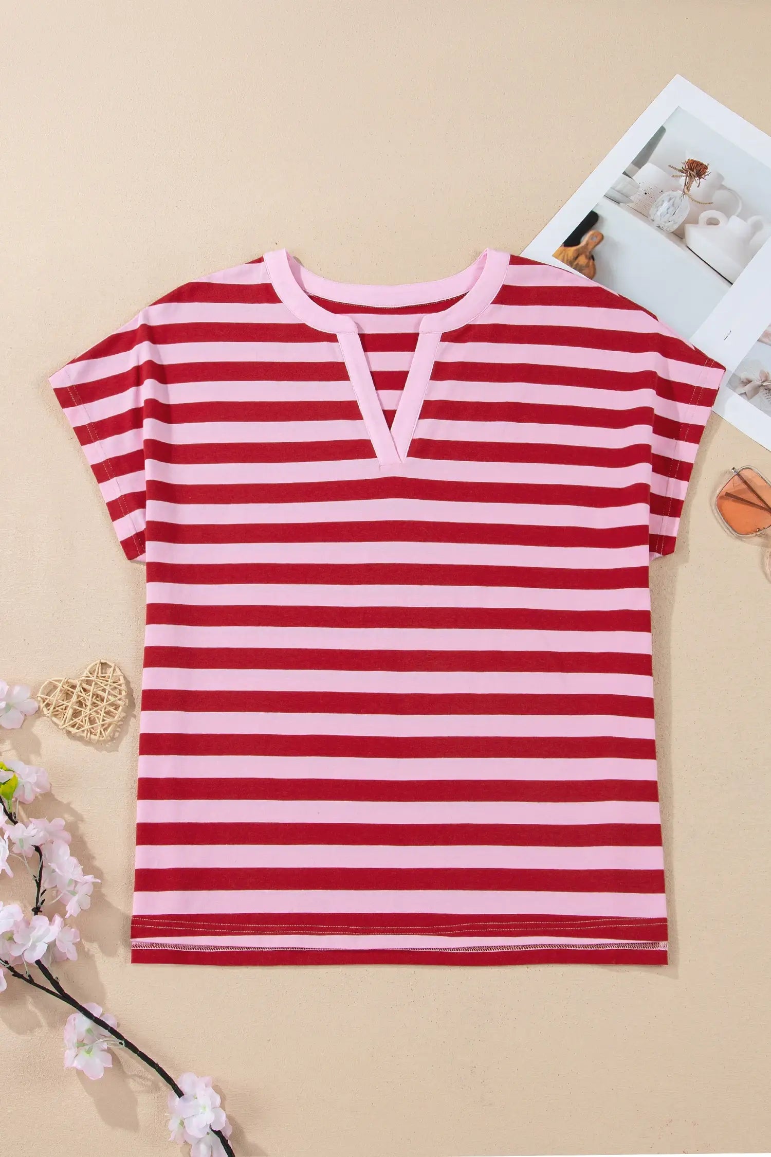 Stripe Split V Neck Casual T Shirt