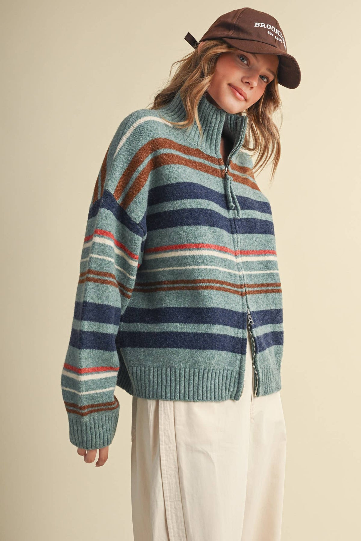 STRIPED MOCK NECK ZIP UP CARDIGAN