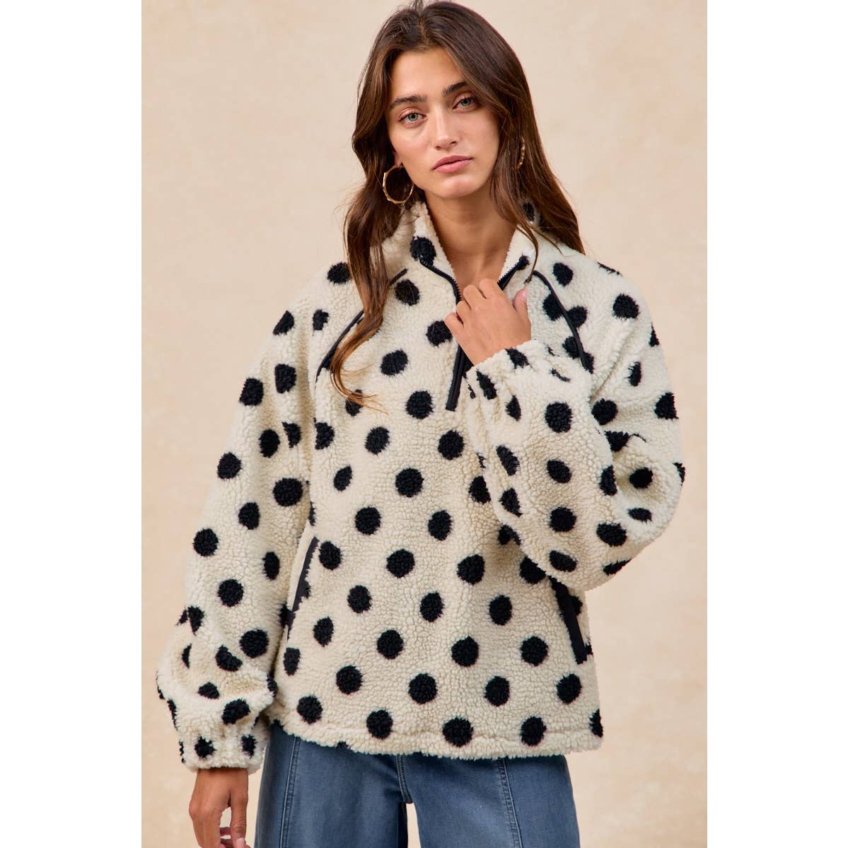 POLKA DOT SHERPA HALF ZIP UP TOP WITH SIDE POCKET