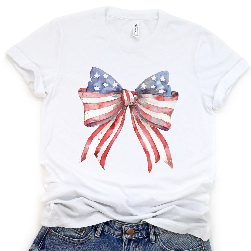 Patriotic American flag women'sgraphic t-shirt, Coquette bow