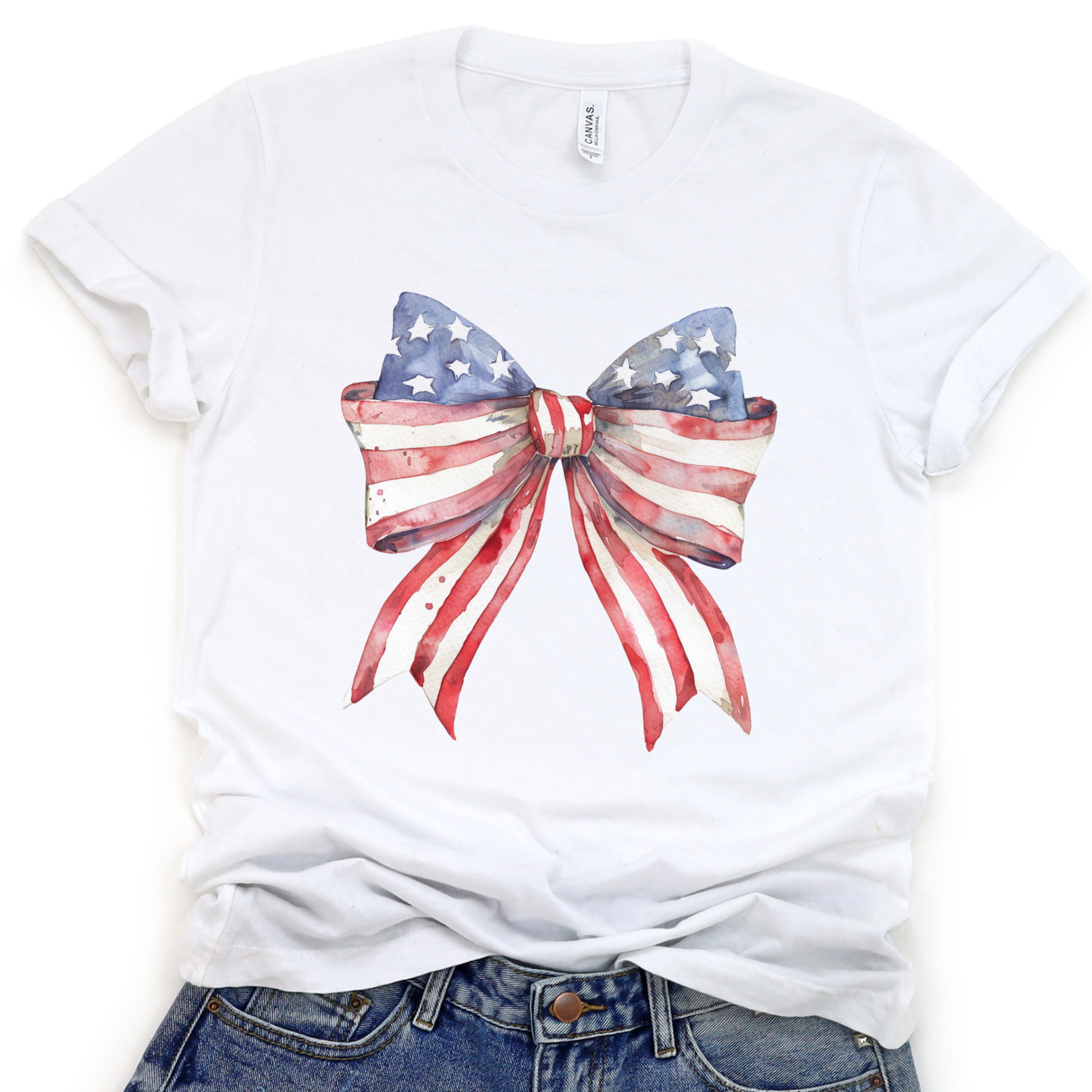 Patriotic American flag women'sgraphic t-shirt, Coquette bow
