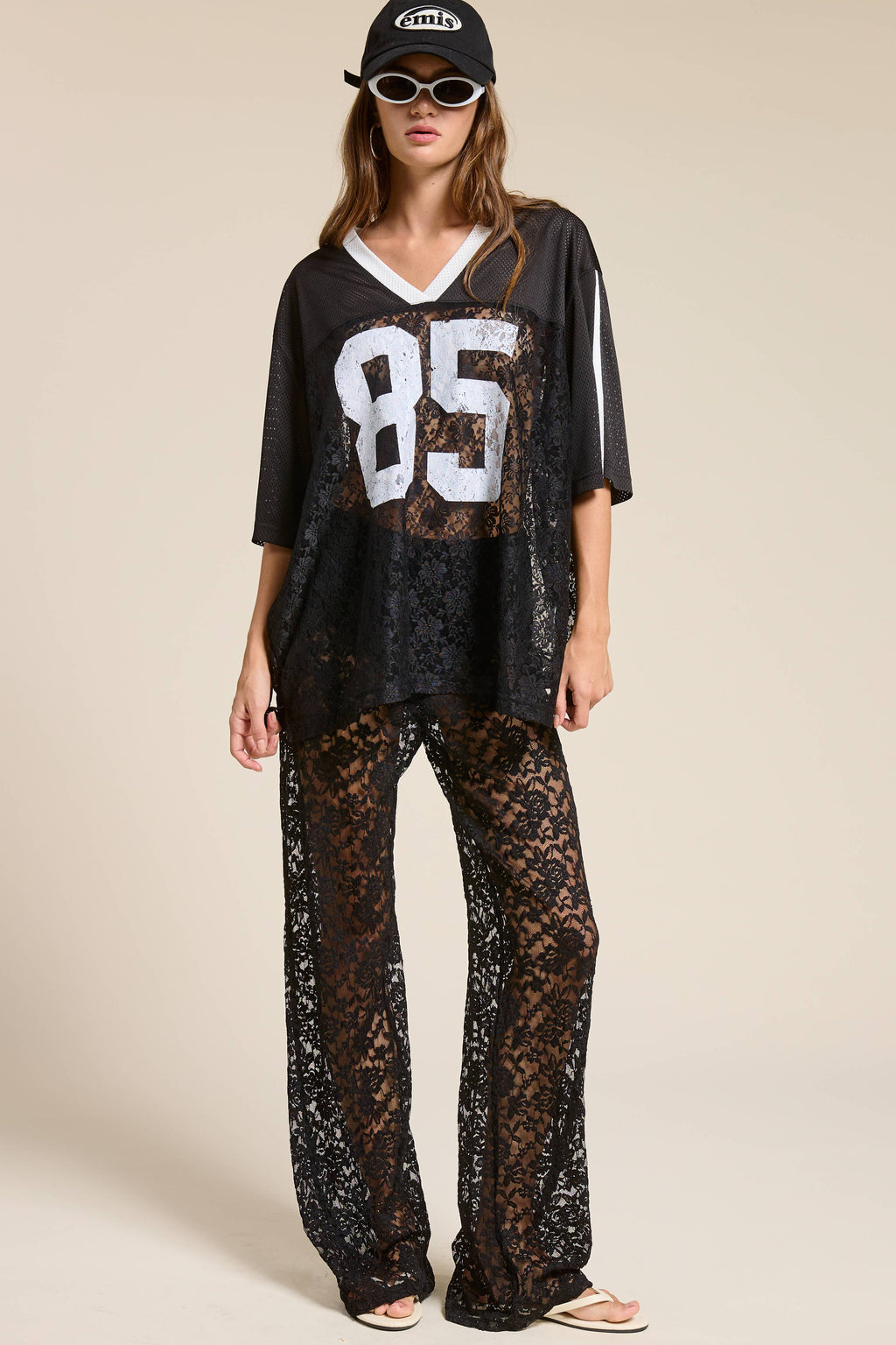 85 Graphic Jersey Top with Lace Contrast