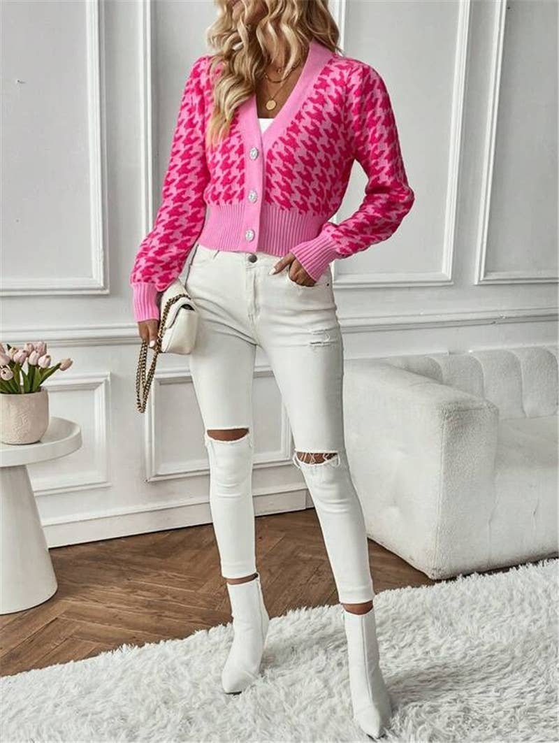 Houndstooth v-neck cropped knit Cardigan