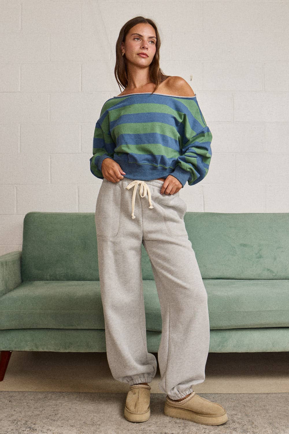Off-shoulder Rugby Stripe Cropped Sweatshirt