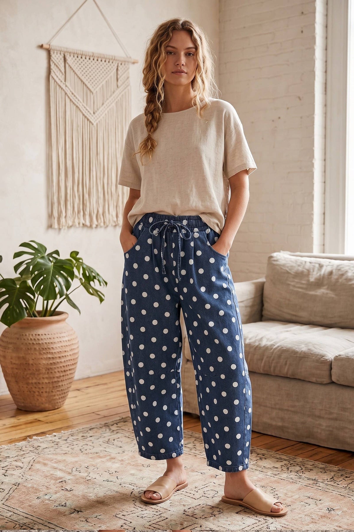 Oversized Polka Dot Denim Barrel Pants