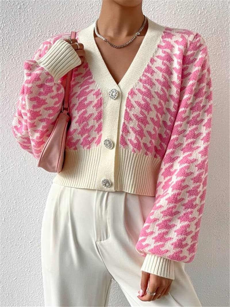 Houndstooth v-neck cropped knit Cardigan