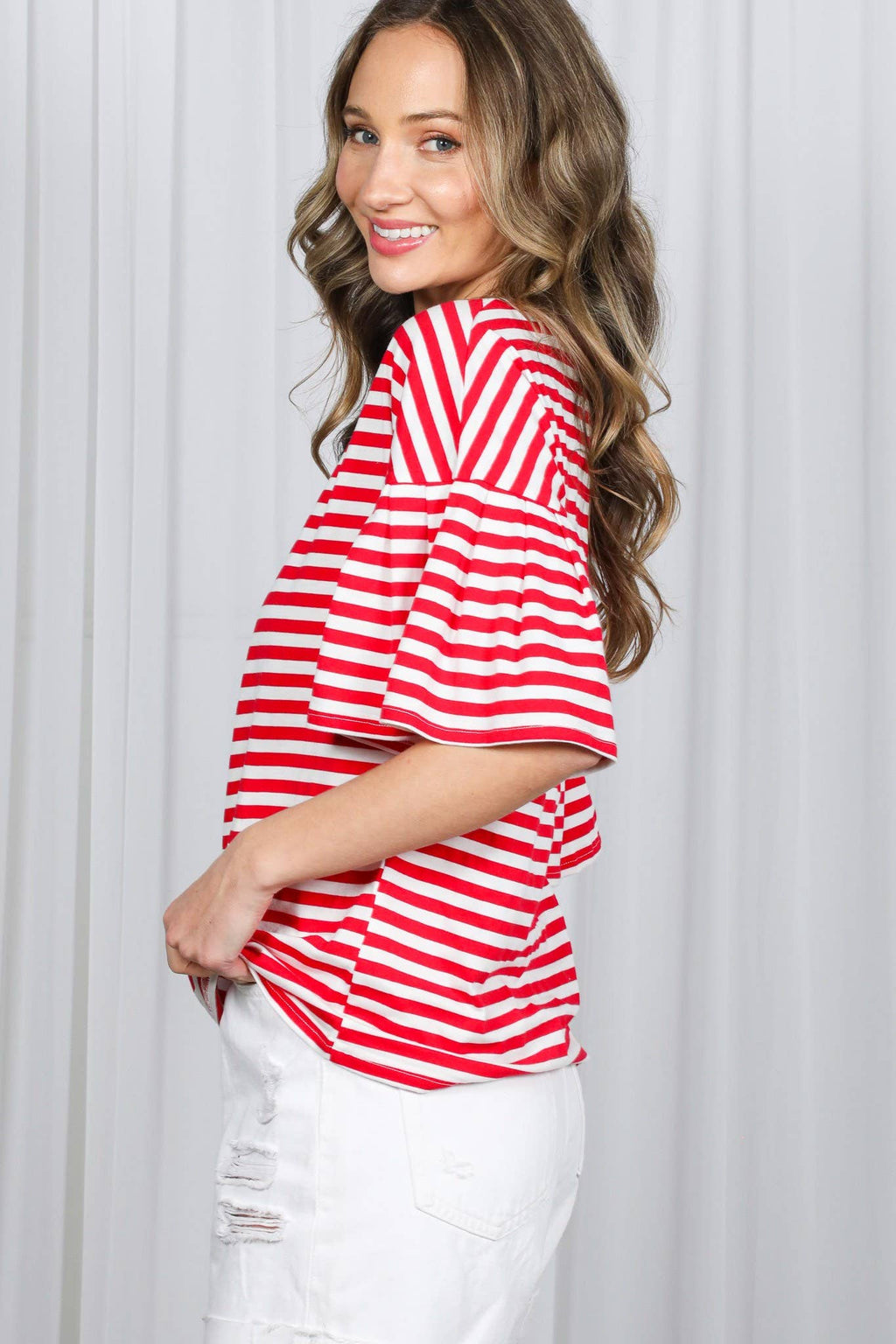 Pleated Flutter Sleeve Crew Neck Striped Knit Top