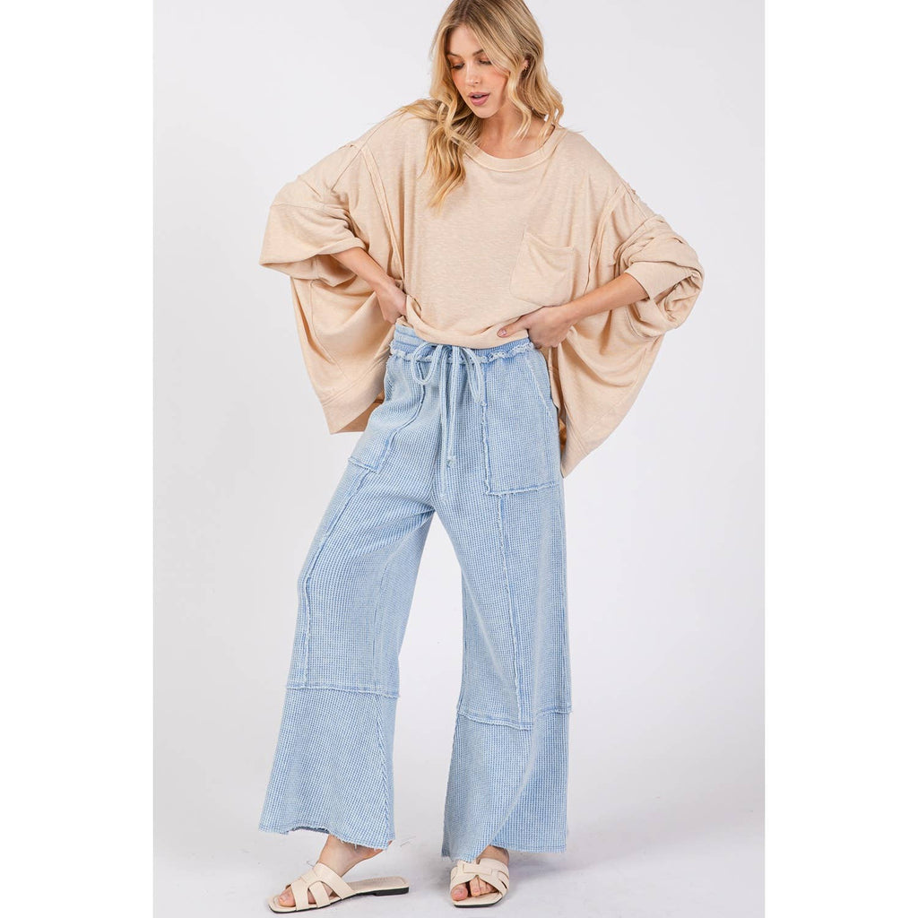 WAFFLE TEXTURED WIDE LEGS MINERAL WASHED PANTS