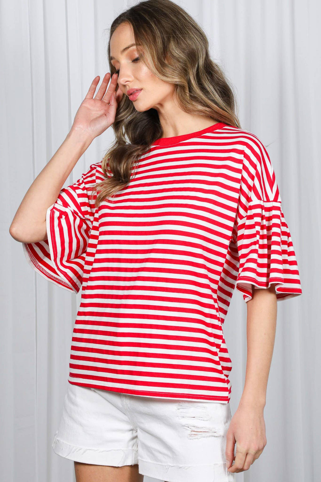 Pleated Flutter Sleeve Crew Neck Striped Knit Top