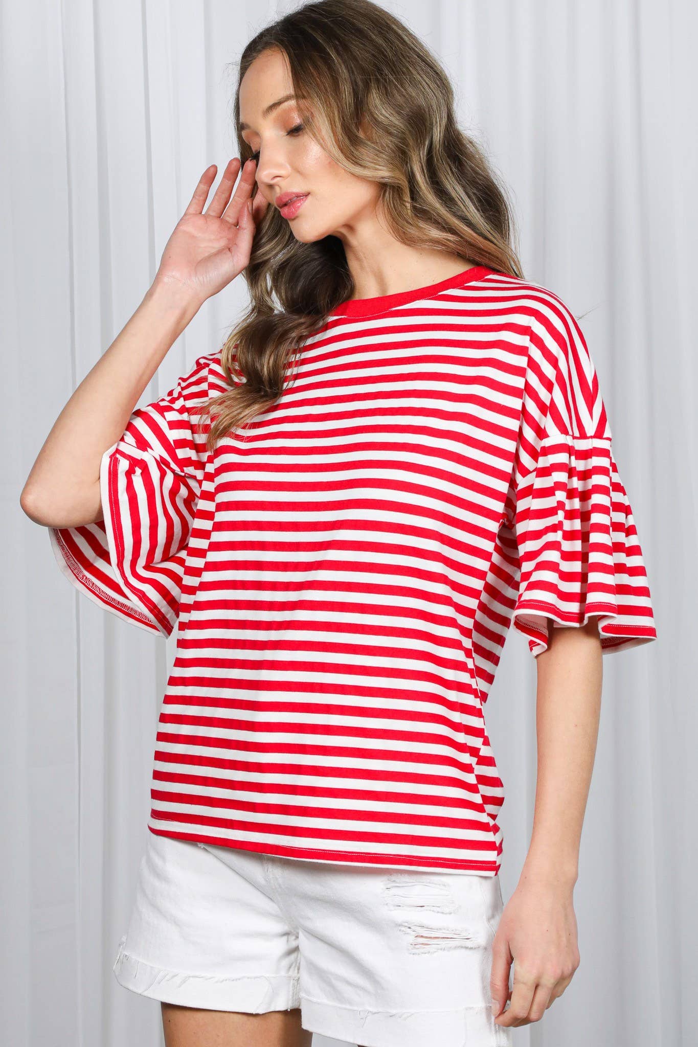 Pleated Flutter Sleeve Crew Neck Striped Knit Top