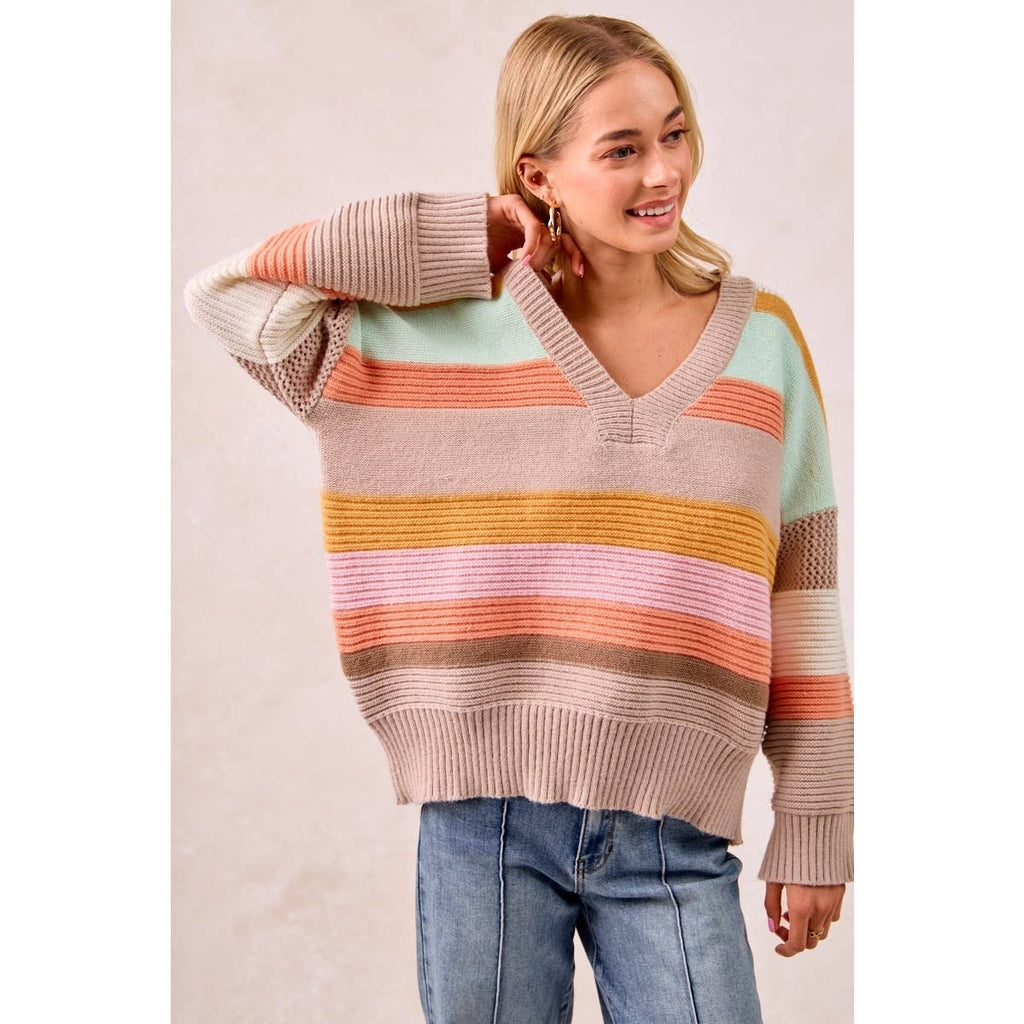 MULTI COLORS STRIPES RIB BANDED V-NECK SWEATER TOP