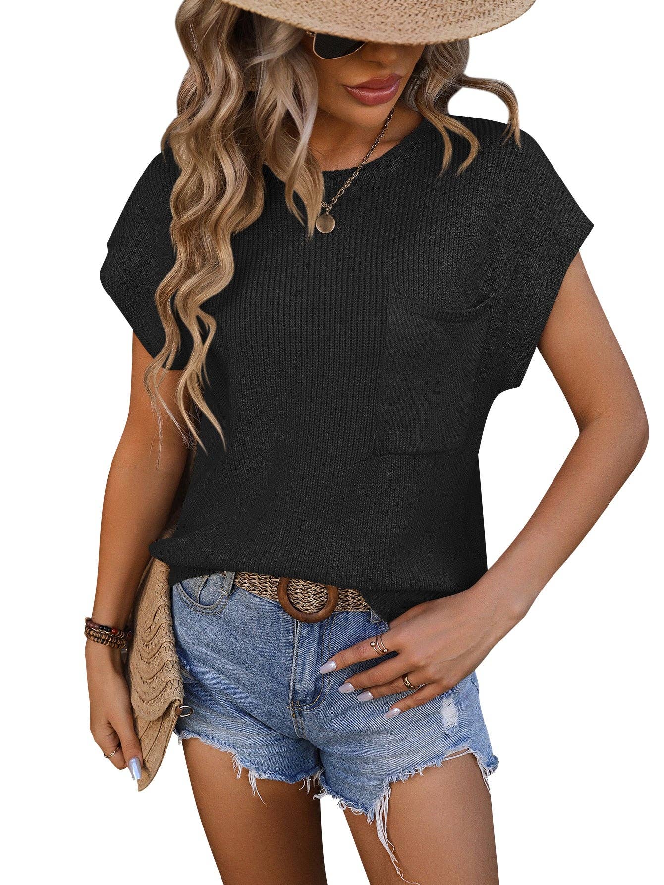 Crewneck Pocket Trim Top Short-sleeved