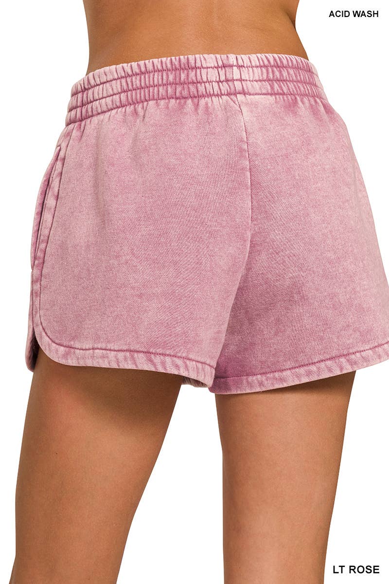 .Acid Wash Elastic Waistband Fleece Shorts