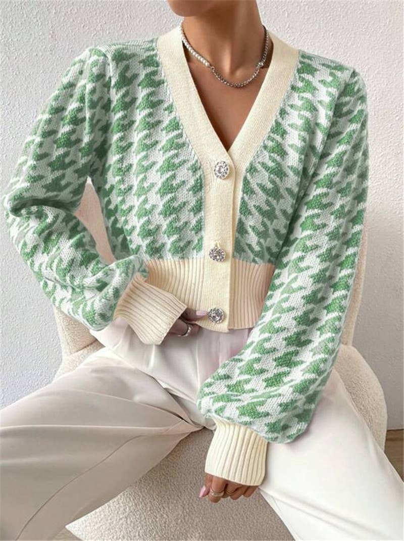 Houndstooth v-neck cropped knit Cardigan