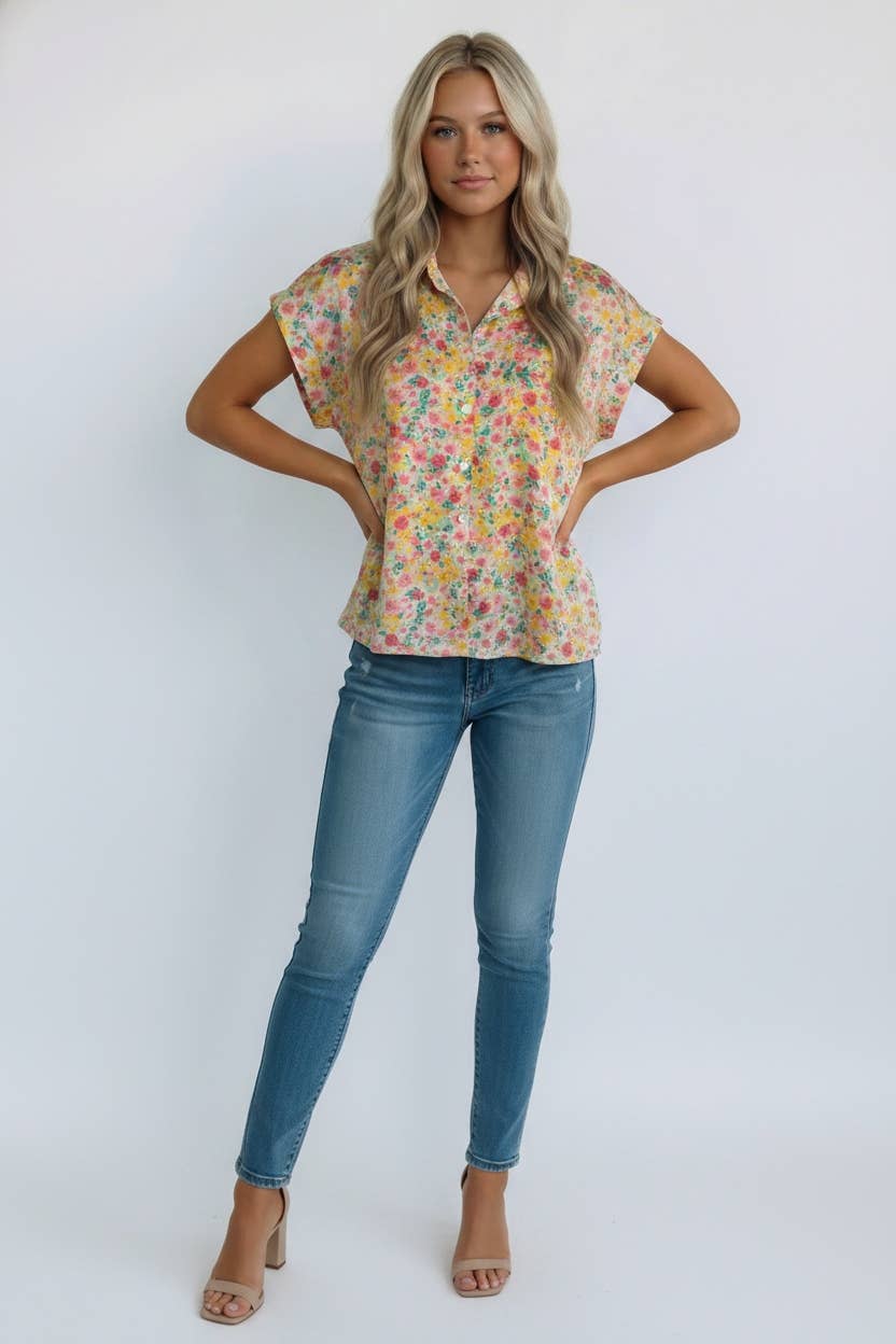 COLLAR BUTTON UP SHORT SLEEVE FLORAL RPINT SHIRT