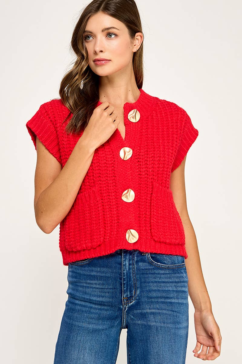 CHUNKY KNIT BUTTON-FRONT VEST TOP