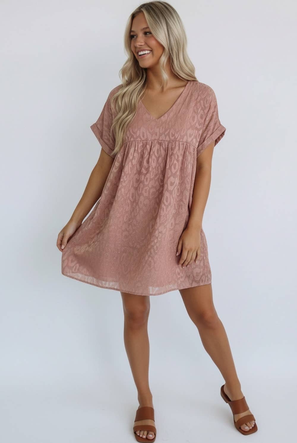ANIMAL PRINT JACQUARD V NECK BABYDOLL DRESS