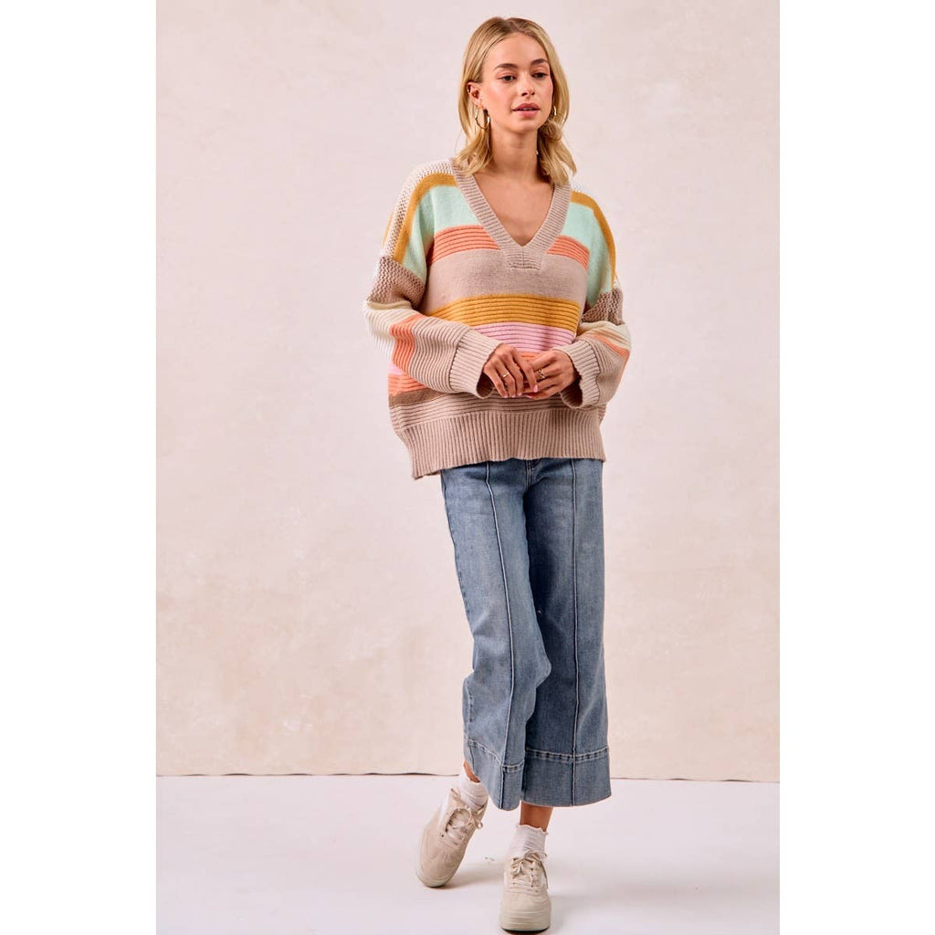 MULTI COLORS STRIPES RIB BANDED V-NECK SWEATER TOP