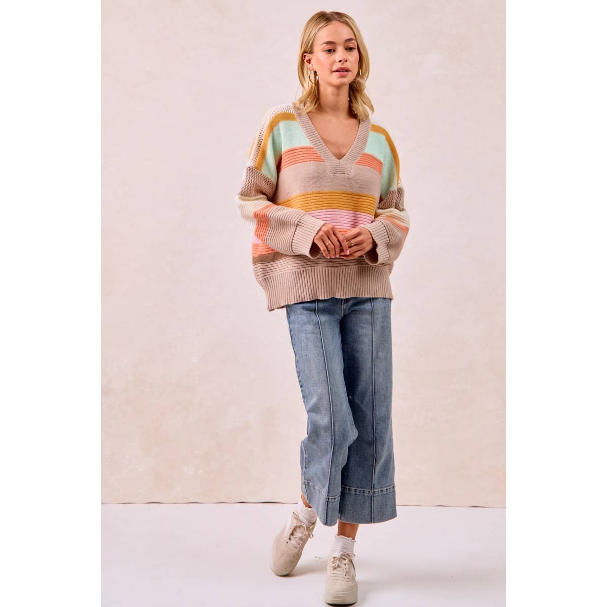MULTI COLORS STRIPES RIB BANDED V-NECK SWEATER TOP