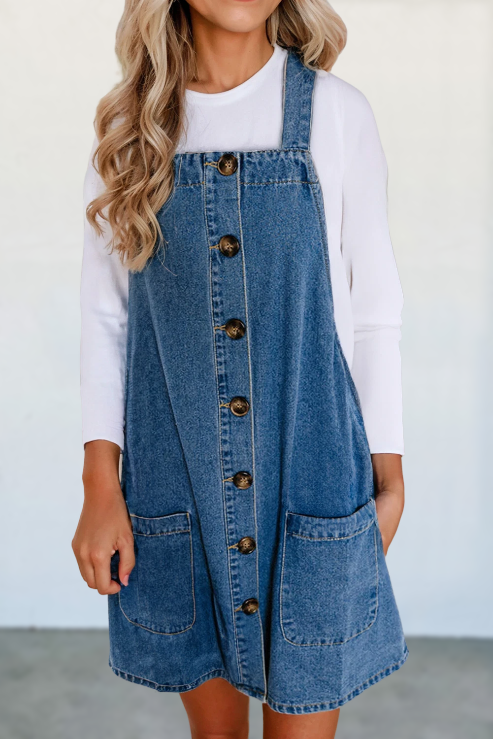 Grace Strap Button Front PocketS Denim Mini Dress