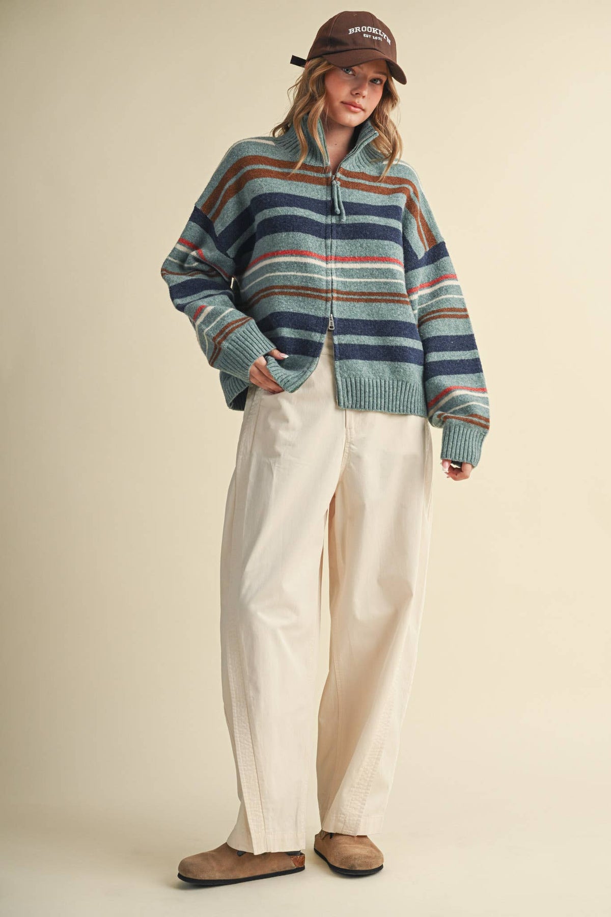 STRIPED MOCK NECK ZIP UP CARDIGAN