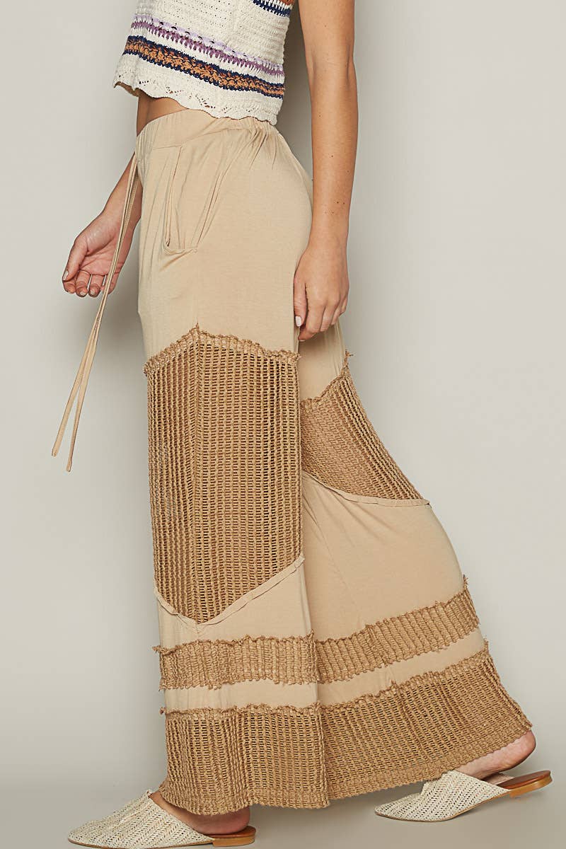 Contrast see through elastic waist knit culottes pants
