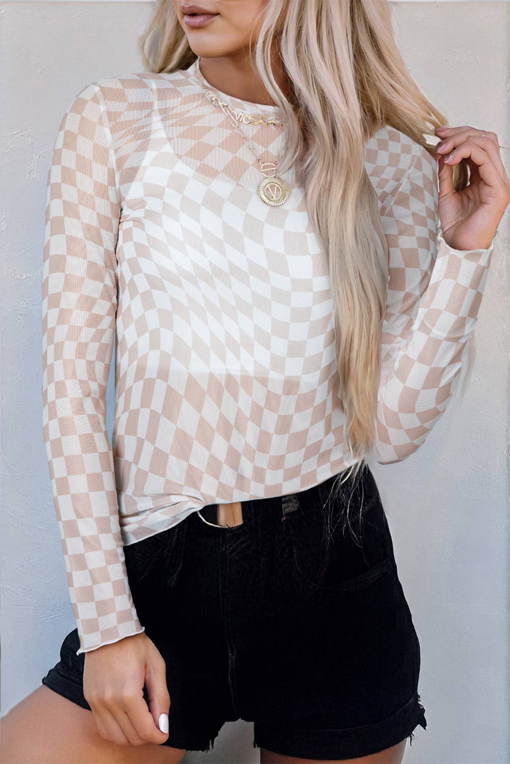 Checkered Pattern Mesh Mock Neck Long Sleeve