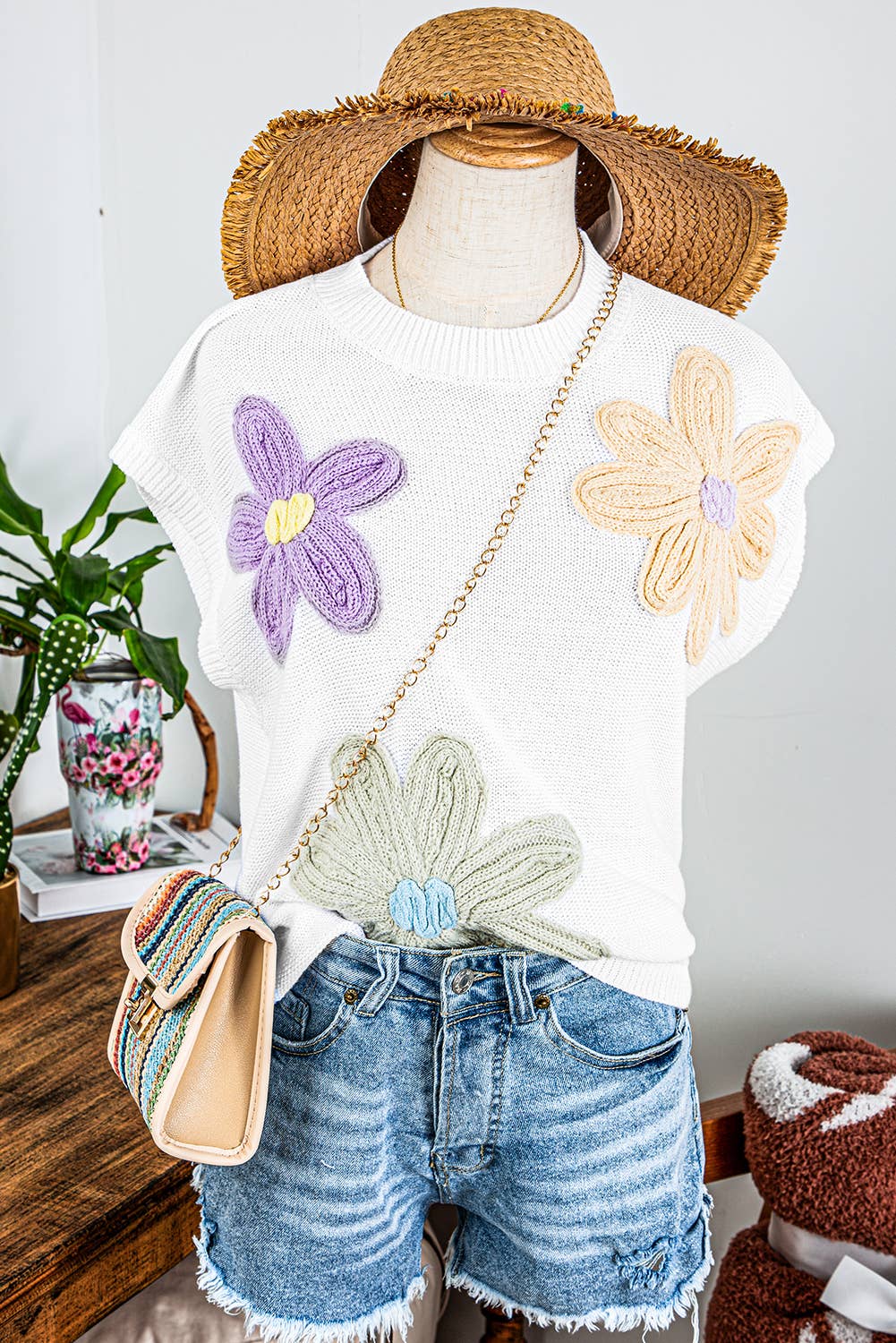 Fashion-W Crochet Flower Knit Short Sleeve Sweater Tops