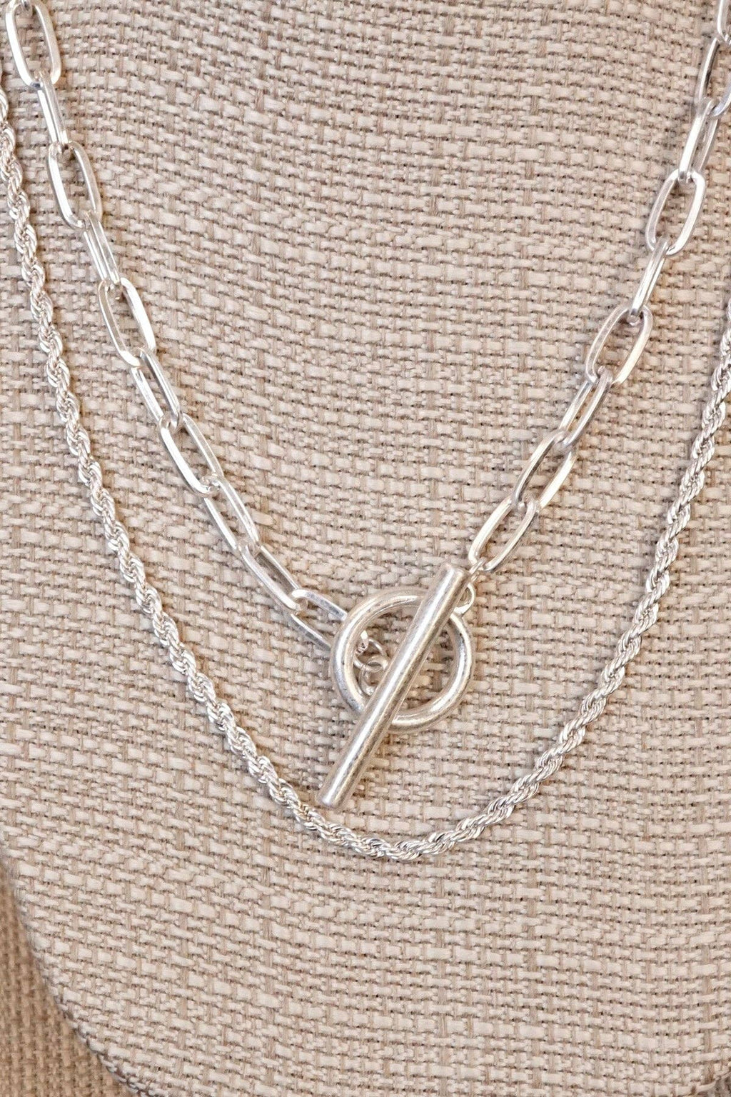 Front Toggle Closure Necklace Multi Layer Chain in Silver Tone
