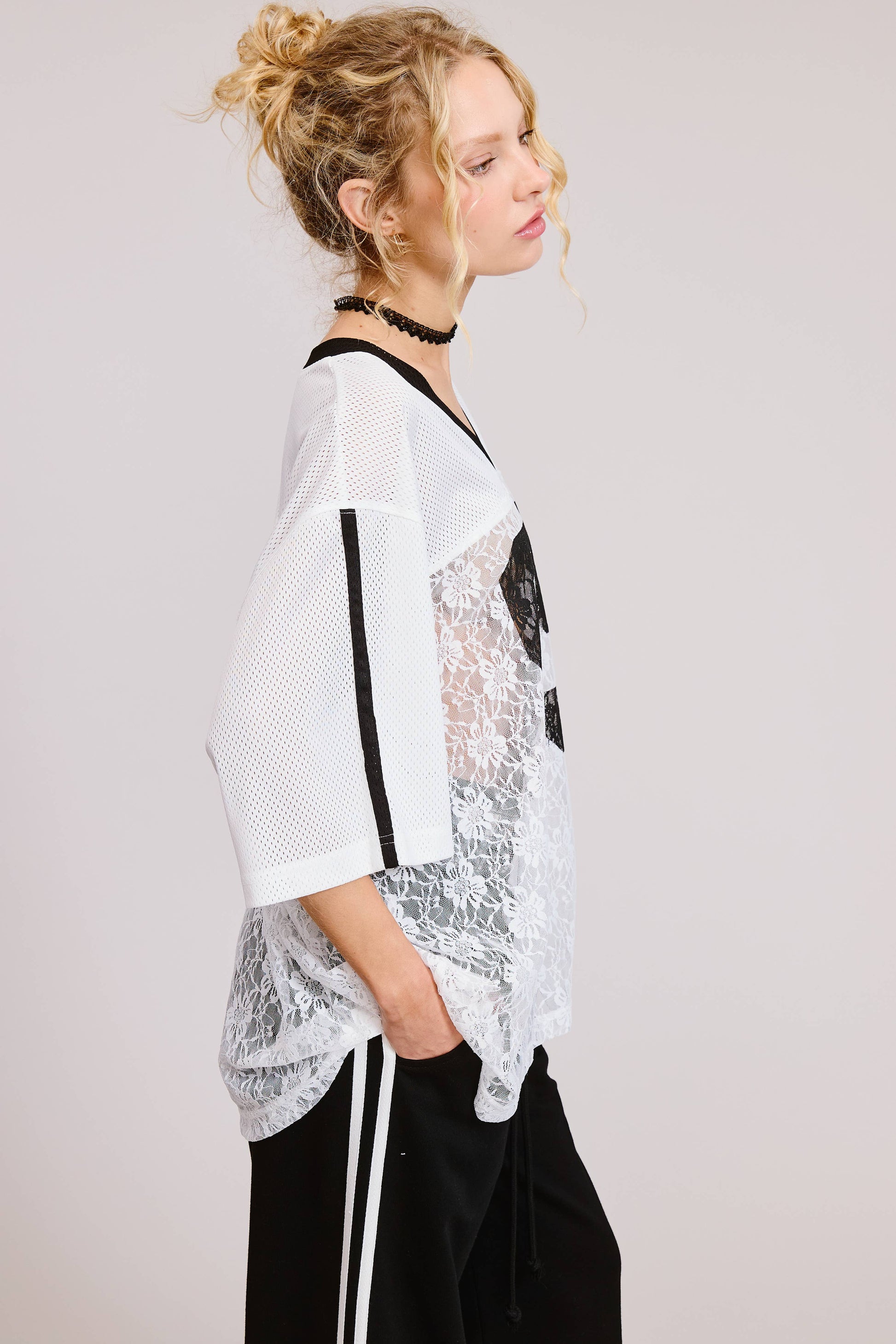 85 Graphic Jersey Top with Lace Contrast