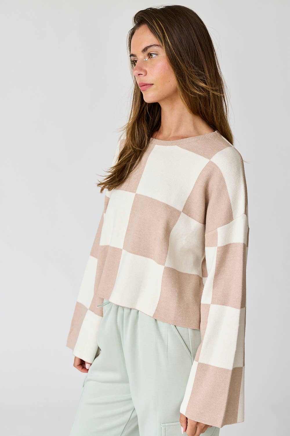 Sarah Round Neck Checkered LS Top