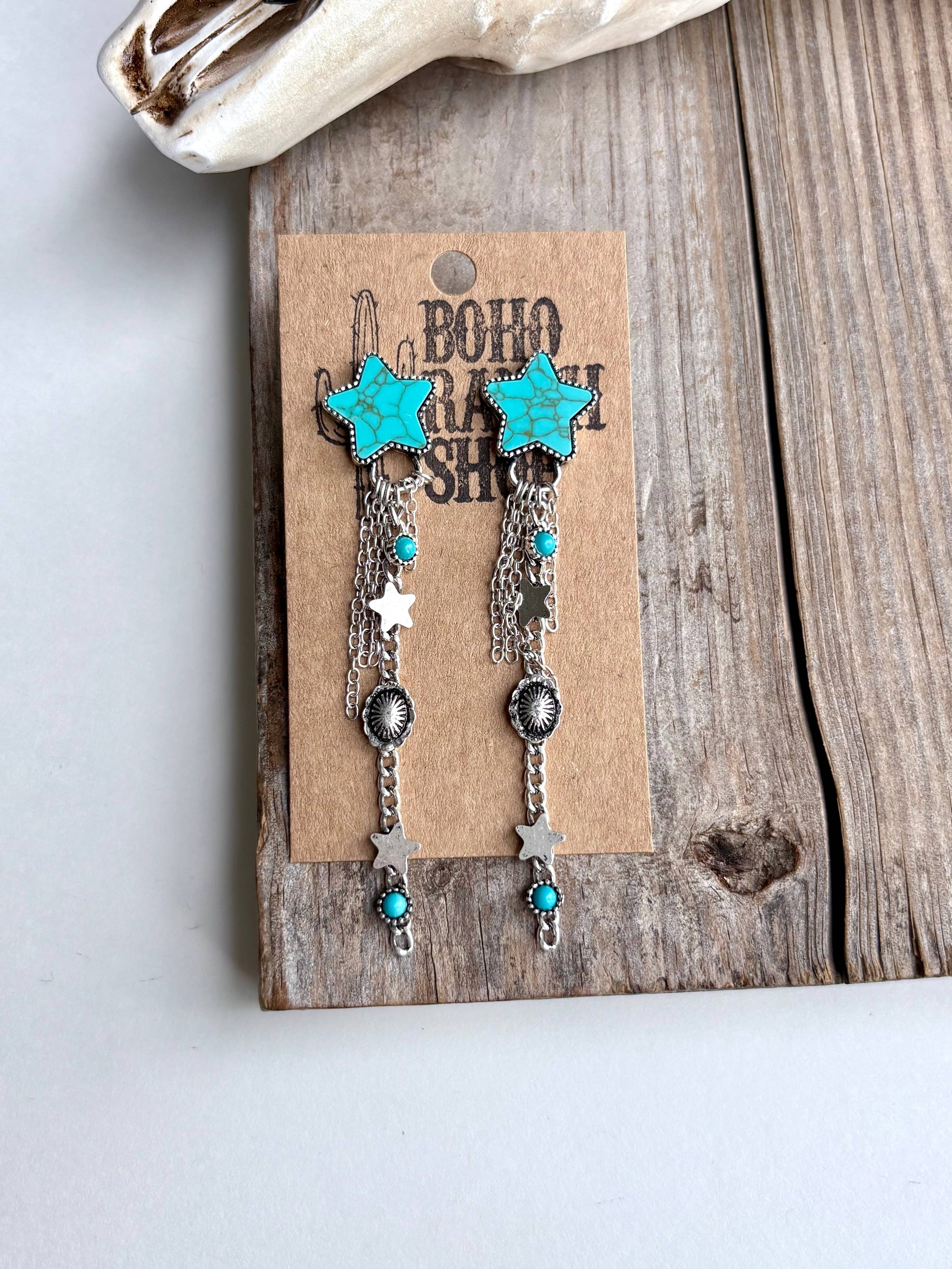 Western Star Stone & Chain Fringe Post Drop Earrings