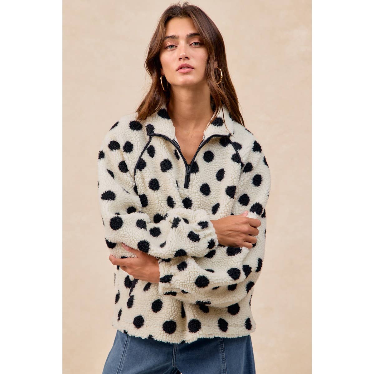 POLKA DOT SHERPA HALF ZIP UP TOP WITH SIDE POCKET